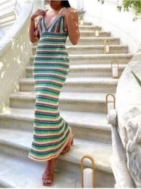 ZARA - Striped Knit V-Neck Maxi Dress in Green, Pink & Cream